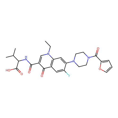 2-(1-ethyl-6-fluoro-7-(4-(furan-2-carbonyl)piperazin-1-yl)-4-oxo-1,4-dihydroquinoline-3-carboxamido)-3-methylbutanoic acid structure