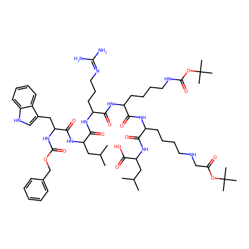 2-[[2-[[2-[[5-(diaminomethylideneamino)-2-[[2-[[3-(1H-indol-3-yl)-2-(phenylmethoxycarbonylamino)propanoyl]amino]-4-methylpentanoyl]amino]pentanoyl]amino]-6-[(2-methylpropan-2-yl)oxycarbonylamino]hexanoyl]amino]-6-[[2-[(2-methylpropan-2-yl)oxy]-2-oxoethyl]amino]hexanoyl]amino]-4-methylpentanoic acid structure