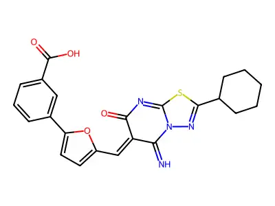 (Z)-3-(5-((2-cyclohexyl-5-imino-7-oxo-5H-[1,3,4]thiadiazolo[3,2-a]pyrimidin-6(7H)-ylidene)methyl)furan-2-yl)benzoic acid structure
