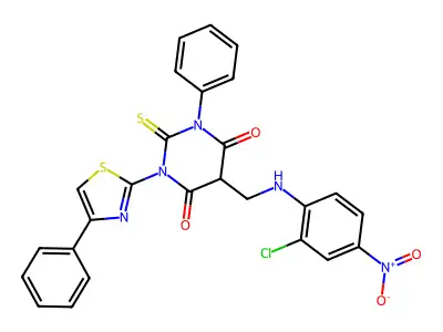 4,6(1H,5H)-Pyrimidinedione, dihydro-5-(((2-chloro-4-nitrophenyl)amino)methyl)-1-phenyl-3-(4-phenyl-2-thiazolyl)-2-thioxo- structure