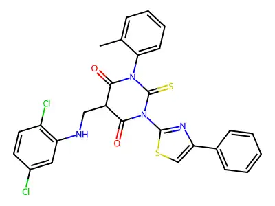 5-[(2,5-dichloroanilino)methyl]-1-(2-methylphenyl)-3-(4-phenyl-1,3-thiazol-2-yl)-2-sulfanylidene-1,3-diazinane-4,6-dione structure