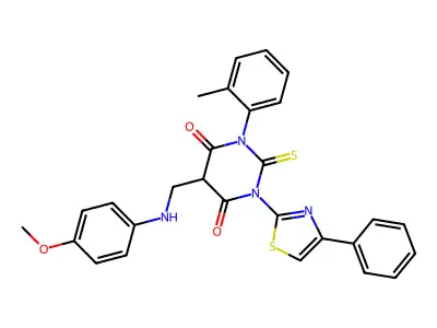 4,6(1H,5H)-Pyrimidinedione, dihydro-5-(((4-methoxyphenyl)amino)methyl)-1-(2-methylphenyl)-3-(4-phenyl-2-thiazolyl)-2-thioxo- structure