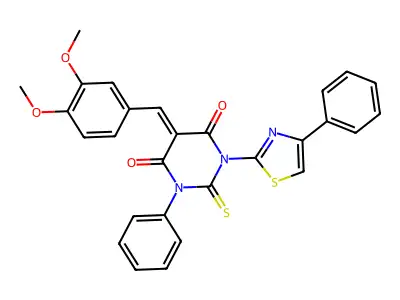 4,6(1H,5H)-Pyrimidinedione,5-[(3,4-dimethoxyphenyl)methylene]dihydro-1-phenyl-3-(4-phenyl-2-thiazolyl)-2-thioxo- structure