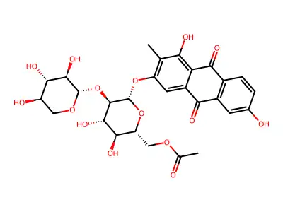 1,3,6-trihydroxy-2-methyl-9,10-anthraquinone-3-O-(6'-O-acetyl)-beta-D-xylopyranosyl-(1->2)-beta-D-glucopyranoside structure
