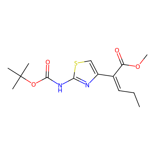 (Z)-2-(2-t-butoxycarbonylaminothiazol-4-yl)-2-pentenoic acid methyl ester structure