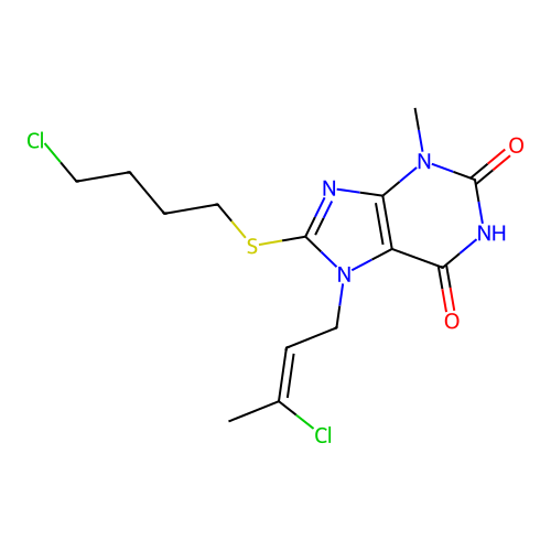 7-[(Z)-3-chlorobut-2-enyl]-8-(4-chlorobutylsulfanyl)-3-methylpurine-2,6-dione structure