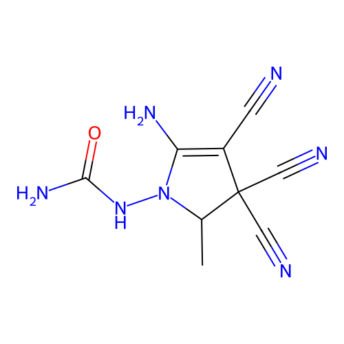 1-(5-amino-3,3,4-tricyano-2-methyl-2,3-dihydro-1H-pyrrol-1-yl)urea structure