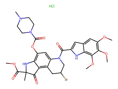 1H-Pyrrolo(3,2-f)quinoline-2-carboxylic acid, 2,3,6,7,8,9-hexahydro-8-bromo-2-methyl-4-(((4-methyl-1-piperazinyl)carbonyl)oxy)-1-oxo-6-((5,6,7-trimethoxy-1H-indol-2-yl)carbonyl)-, methyl ester, monohydrochloride structure