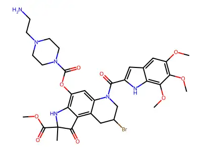 1H-Pyrrolo(3,2-f)quinoline-2-carboxylic acid, 2,3,6,7,8,9-hexahydro-4-(((4-(2-aminoethyl)-1-piperazinyl)carbonyl)oxy)-8-bromo-2-methyl-1-oxo-6-((5,6,7-trimethoxy-1H-indol-2-yl)carbonyl)-, methyl ester structure