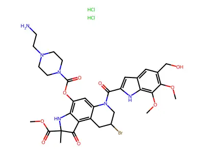 1H-Pyrrolo(3,2-f)quinoline-2-carboxylic acid, 2,3,6,7,8,9-hexahydro-4-(((4-(2-aminoethyl)-1-piperazinyl)carbonyl)oxy)-8-bromo-2-methyl-1-oxo-6-((5,6,7-trimethoxy-1H-indol-2-yl)carbonyl)-, methyl ester, dihydrochloride structure