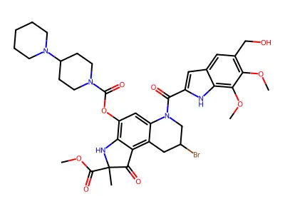 1H-Pyrrolo(3,2-f)quinoline-2-carboxylic acid, 2,3,6,7,8,9-hexahydro-4-(((1,4'-bipiperidin)-l'-ylcarbonyl)oxy)-8-bromo-2-methyl-1-oxo-6-((5,6,7-trimethoxy-1H-indol-2-yl)carbonyl)-, methyl ester structure