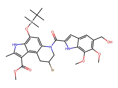 3H-Pyrrolo(3,2-f)quinoline-1-carboxylic acid, 6,7,8,9-tetrahydro-8-bromo-4-(((1,1-dimethylethyl)dimethylsilyl)oxy)-2-methyl-6-((5,6,7-trimethoxy-1H-indol-2-yl)carbonyl)-, methyl ester structure