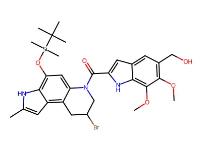 3H-Pyrrolo(3,2-f)quinoline, 6,7,8,9-tetrahydro-8-bromo-4-(((1,1-dimethylethyl)dimethylsilyl)oxy)-2-methyl-6-((5,6,7-trimethoxy-1H-indol-2-yl)carbonyl)- structure