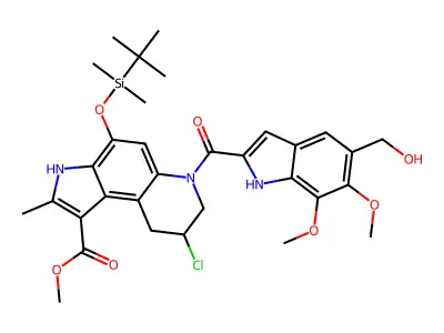 3H-Pyrrolo(3,2-f)quinoline-1-carboxylic acid, 6,7,8,9-tetrahydro-8-chloro-4-(((1,1-dimethylethyl)dimethylsilyl)oxy)-2-methyl-6-((5,6,7-trimethoxy-1H-indol-2-yl)carbonyl)-, methyl ester structure