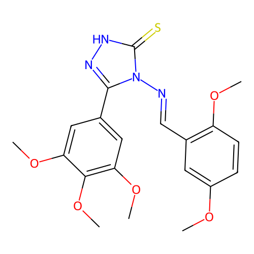 (E)-4-((2,5-dimethoxybenzylidene)amino)-5-(3,4,5-trimethoxyphenyl)-4H-1,2,4-triazole-3-thiol structure