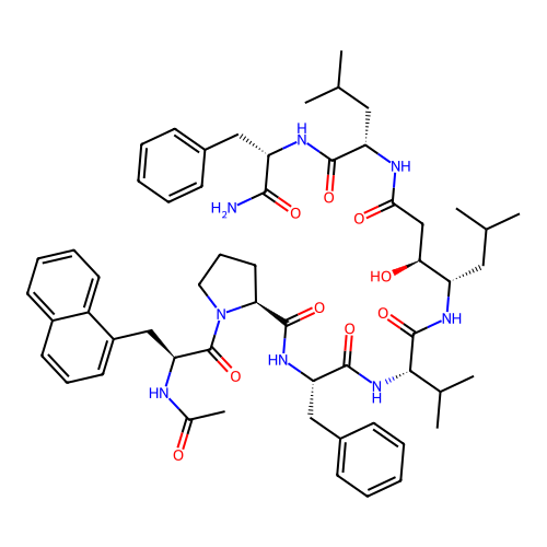 (2S)-1-[(2S)-2-acetamido-3-(1-naphthyl)propanoyl]-N-[(1S)-2-[[(1S)-1-[[(1S,2S)-4-[[(1S)-1-[[(1S)-2-amino-1-benzyl-2-oxo-ethyl]carbamoyl]-3-methyl-butyl]amino]-2-hydroxy-1-isobutyl-4-oxo-butyl]carbamoyl]-2-methyl-propyl]amino]-1-benzyl-2-oxo-ethyl]pyrrolidine-2-carboxamide structure