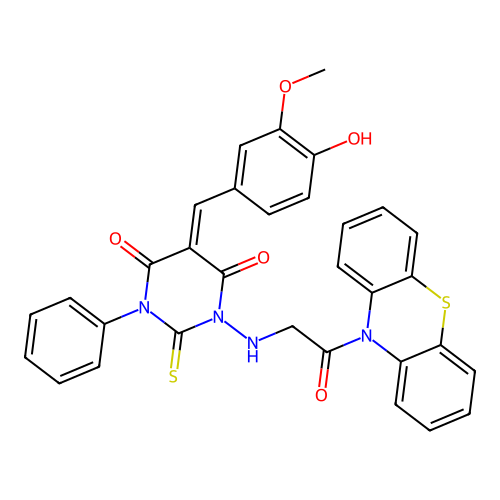 4,6(1H,5H)-Pyrimidinedione,dihydro-5-[(4-hydroxy-3-methoxyphenyl)methylene]-1-[[2-oxo-2-(10H-phenothiazin-10-yl)ethyl]amino]-3-phenyl-2-thioxo- structure