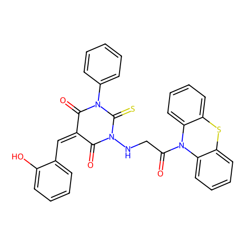 4,6(1H,5H)-Pyrimidinedione,dihydro-5-[(2-hydroxyphenyl)methylene]-1-[[2-oxo-2-(10H-phenothiazin-10-yl)ethyl]amino]-3-phenyl-2-thioxo- structure