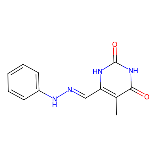 5-methyl-6-[(phenylhydrazinylidene)methyl]-1H-pyrimidine-2,4-dione structure