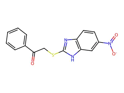 2-((5-nitro-1H-benzo[d]imidazol-2-yl)thio)-1-phenylethanone structure
