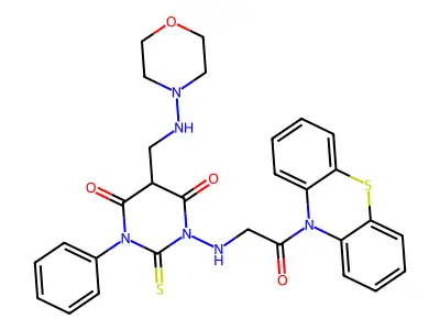 10H-Phenothiazine, 10-(((tetrahydro-5-((4-morpholinylamino)methyl)-4,6-dioxo-3-phenyl-2-thioxo-1(2H)-pyrimidinyl)amino)acetyl)- structure
