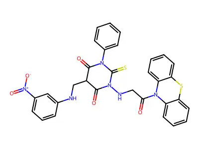 10H-Phenothiazine, 10-(((tetrahydro-5-(((3-nitrophenyl)amino)methyl)-4,6-dioxo-3-phenyl-2-thioxo-1(2H)-pyrimidinyl)amino)acetyl)- structure