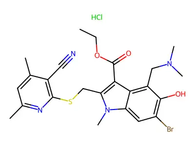 1H-Indole-3-carboxylic acid, 6-bromo-2-(((3-cyano-4,6-dimethyl-2-pyridinyl)thio)methyl)-4-((dimethylamino)methyl)-5-hydroxy-1-methyl-, ethyl ester, monohydrochloride structure