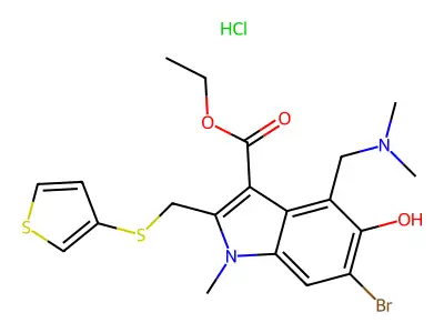 1H-Indole-3-carboxylic acid, 6-bromo-4-((dimethylamino)methyl)-5-hydroxy-1-methyl-2-((3-thienylthio)methyl)-, ethyl ester, monohydrochloride structure