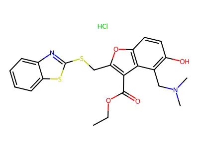 3-Benzofurancarboxylic acid, 2-((2-benzothiazolylthio)methyl)-4-((dimethylamino)methyl-5-hydroxy-, ethyl ester, monohydrochloride structure