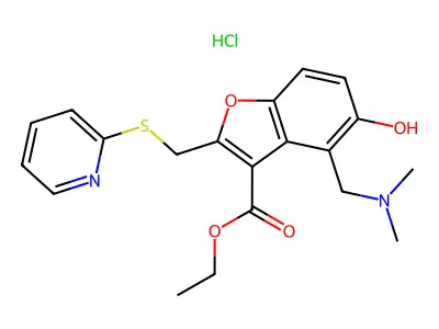 3-Benzofurancarboxylic acid, 4-((dimethylamino)methyl)-5-hydroxy-2-((2-pyridinylthio)methyl)-,ethyl ester, monohydrochloride structure