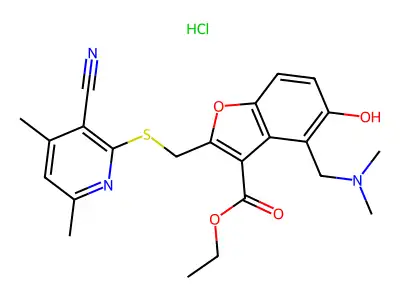3-Benzofurancarboxylic acid, 2-(((3-cyano-4,6-dimethyl-2-pyridinyl)thio)methyl)-4-((dimethylamino)methyl)-5-hydroxy-, ethyl ester, monohydrochloride structure