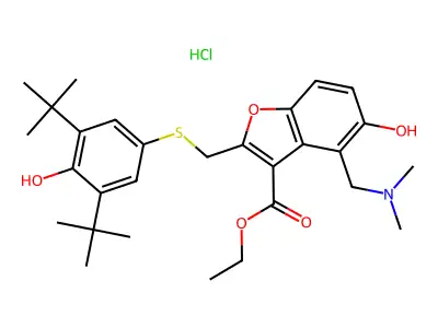 3-Benzofurancarboxylic acid, 2-(((3,5-bis(1,1-dimethylethyl)-4-hydroxyphenyl)thio)methyl)-4-((dimethylamino)methyl)-5-hydroxy-, ethyl ester, hydrochloride structure