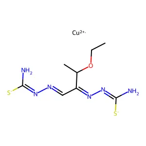 copper N'-[[1-[[amino(sulfido)methylidene]hydrazinylidene]-3-ethoxybutan-2-ylidene]amino]carbamimidothioate structure