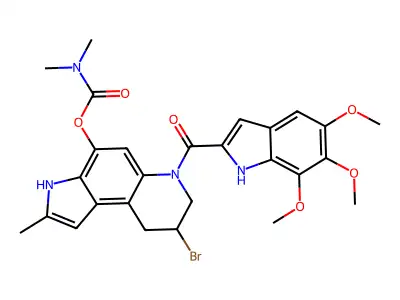 Carbamic acid, dimethyl-, 8-bromo-6,7,8,9-tetrahydro-2-methyl-6-((5,6,7-trimethoxy-1H-indol-2-yl)carbonyl)-3H-pyrrolo(3,2-f)quinolin-4-yl ester structure