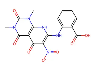 Benzoic acid, 2-((1,2,3,4,5,8-hexahydro-1,3-dimethyl-6-nitro-2,4,5-trioxopyrido(2,3-d)pyrimidin-7-yl)amino)- structure