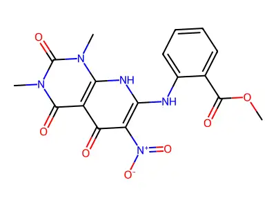 Benzoic acid, 2-((1,2,3,4,5,8-hexahydro-1,3-dimethyl-6-nitro-2,4,5-trioxopyrido(2,3-d)pyrimidin-7-yl)amino)-, methyl ester structure