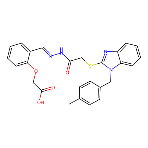 (2-{(E)-[({[1-(4-methylbenzyl)-1H-benzimidazol-2-yl]thio}acetyl)hydrazono]methyl}phenoxy)acetic acid structure
