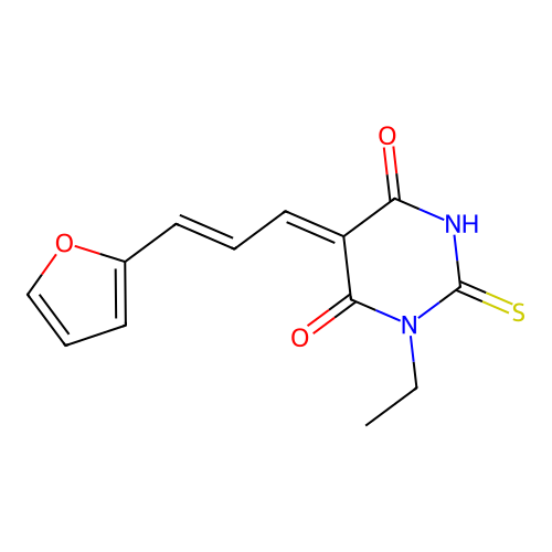 (Z)-1-ethyl-5-((E)-3-(furan-2-yl)allylidene)-2-thioxodihydropyrimidine-4,6(1H,5H)-dione structure