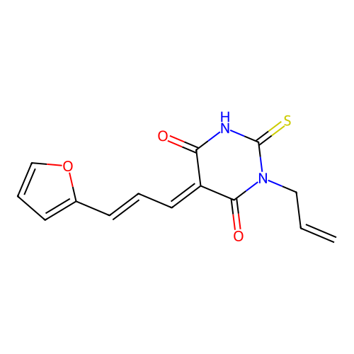 (5E)-5-[(2E)-3-(furan-2-yl)prop-2-en-1-ylidene]-1-(prop-2-en-1-yl)-2-thioxodihydropyrimidine-4,6(1H,5H)-dione structure