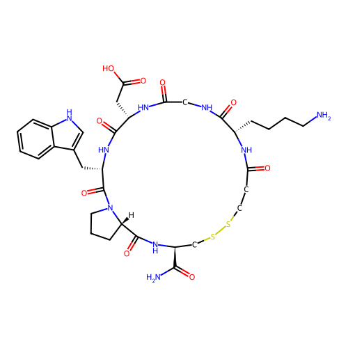 2-((3R,11S,17S,20S,25aS)-20-((1H-indol-3-yl)methyl)-11-(4-aminobutyl)-3-carbamoyl-1,9,12,15,18,21-hexaoxodocosahydro-7H-pyrrolo[2,1-g][1,2]dithia[5,8,11,14,17,20]hexaazacyclotricosin-17-yl)acetic acid structure