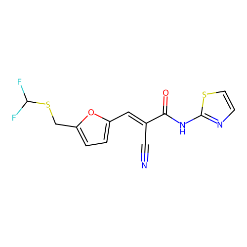 2-cyano-3-(5-{[(difluoromethyl)sulfanyl]methyl}furan-2-yl)-N-(1,3-thiazol-2-yl)prop-2-enamide structure