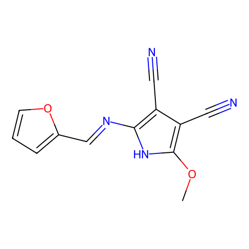 (E)-2-((furan-2-ylmethylene)amino)-5-methoxy-1H-pyrrole-3,4-dicarbonitrile structure