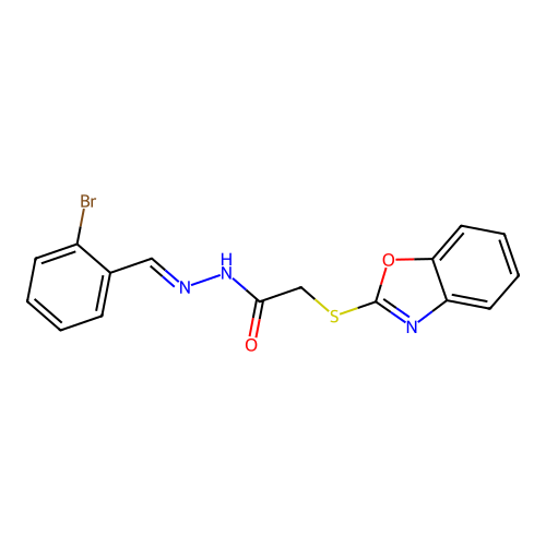 (E)-2-(benzo[d]oxazol-2-ylthio)-N'-(2-bromobenzylidene)acetohydrazide structure