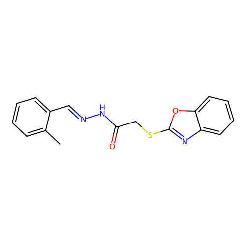 (E)-2-(benzo[d]oxazol-2-ylthio)-N'-(2-methylbenzylidene)acetohydrazide structure