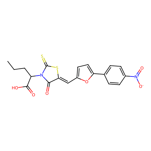 (Z)-2-(5-((5-(4-nitrophenyl)furan-2-yl)methylene)-4-oxo-2-thioxothiazolidin-3-yl)pentanoic acid structure