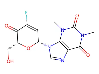 7-(3-Deoxy-3-fluorohex-2-enopyranosyl-4-ulose)theophylline structure