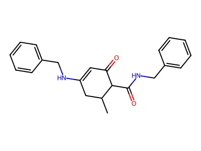 N-benzyl-4-(benzylamino)-6-methyl-2-oxocyclohex-3-ene-1-carboxamide structure