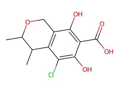 3,4-Dihydro-5-chloro-6,8-dihydroxy-3,4-dimethyl-1H-2-benzopyran-7-carboxylic acid structure