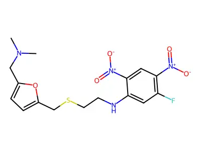 2-Furanmethanamine, N,N-dimethyl-5-(((2-((5-fluoro-2,4-ditrophenyl)amino)ethyl)thio)methyl)- structure