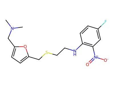 2-Furanmethanamine, N,N-dimethyl-5-(((2-((4-fluoro-2-nitrophenyl)amino)ethyl)thio)methyl)- structure